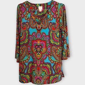Chicos Womens Top Sz‎ 6 Bright Paisley Long Sleeve Jersey V Neck Turquoise Pink